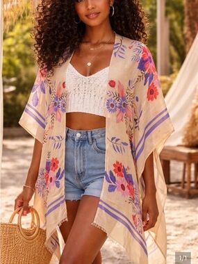 Floral Beige Lightweight Kimono Cover-Up